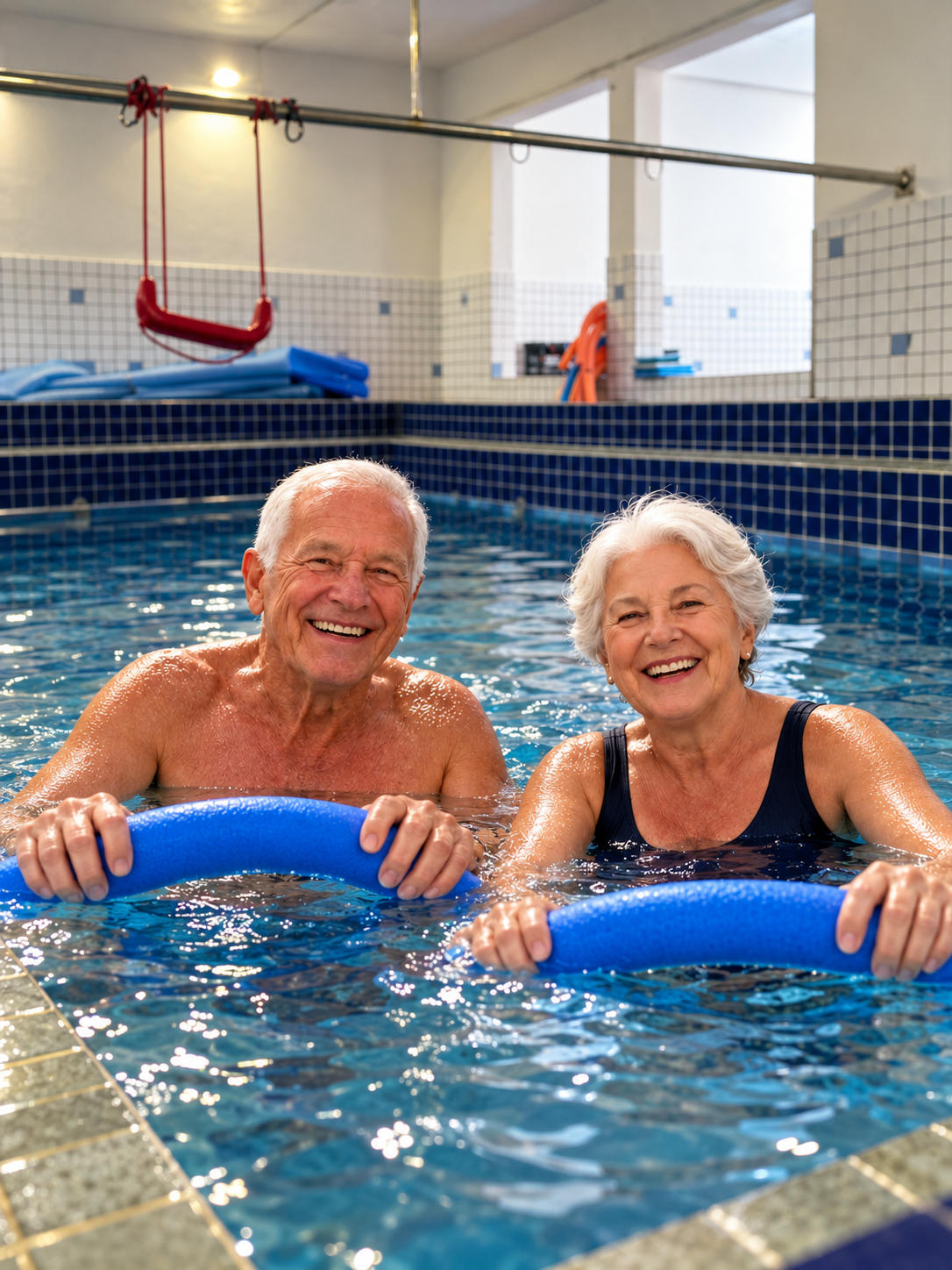 Casal idoso em piscina aquecida durante atividade de hidroterapia ortopédica